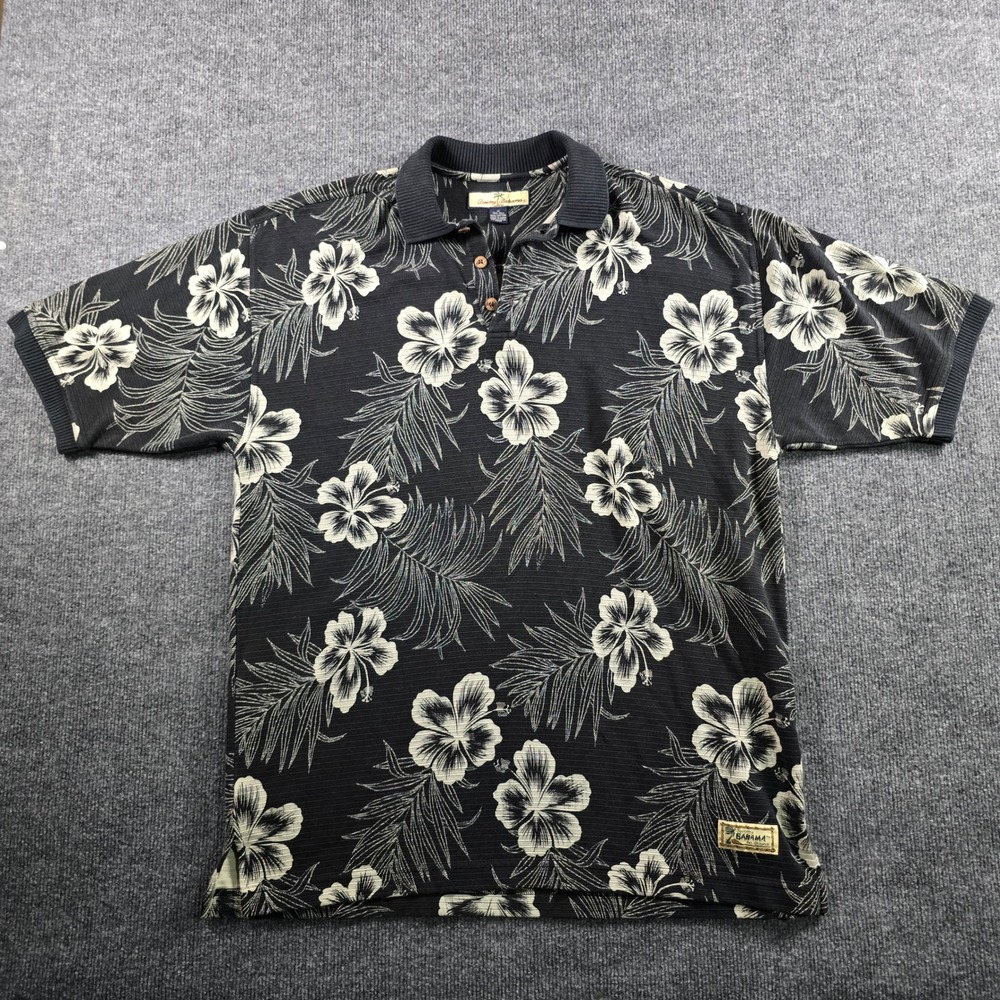 Tommy Bahama Mens Silk Cotton Hibiscus Floral Polo Shirt Black Cream Medium